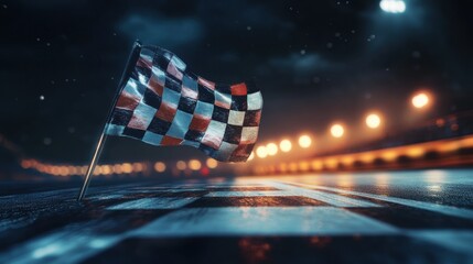 Wall Mural - checkered racing flag waving on track under dramatic lighting at night with glowing lights in backgr
