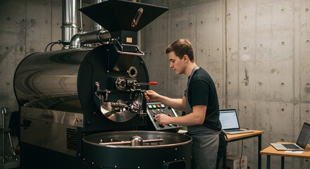 Poster - Man Operating Coffee Roasting Machine in Modern Industrial Setting with Concrete Wall Steel Equipment and Laptops