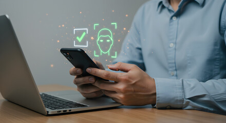 Poster - Man Using Phone with Face Recognition Interface on Desk with Laptop in Blue Shirt