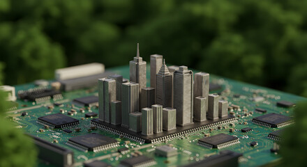 Poster - Miniature City on Green Circuit Board with Lush Foliage Background Depicting Technological Advancement and Sustainable