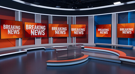 Poster - Modern Broadcast News Studio Set Featuring Sleek Orange and Blue Design with Multiple Screens and Central Desk for