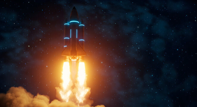 Pixel Art Style Rocket Launching into Starry Night Sky with Billowing Smoke and Intense Flames