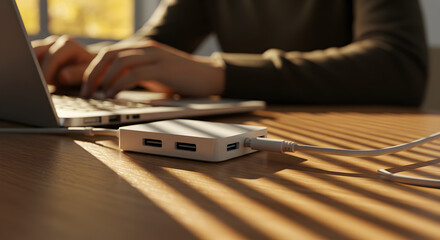 Poster - Warm Lit Wood Table with Laptop and Usb Hub in Home Office Setting Demonstrates Modern Connectivity