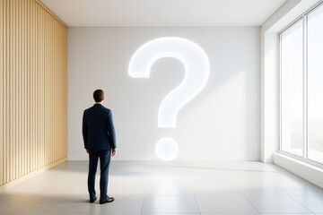 Poster - Businessman looking at glowing question mark on white wall in bright modern office space with wooden paneling and large window background.