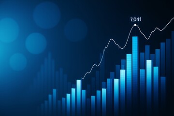 Poster - Abstract glowing bar chart with financial growth and light line graph on dark blue background showing peak data point in futuristic style.