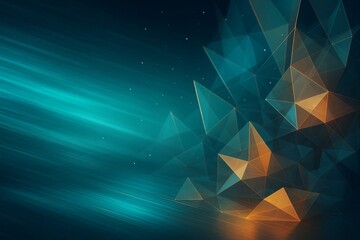 Poster - Abstract geometric shapes with glowing polygonal forms on teal and dark blue background with orange light effects, futuristic digital art concept.