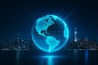 © Pixels Hunter - Digital glowing globe hologram hovering over water with illuminated city skyline in background at night, representing global technology concept.