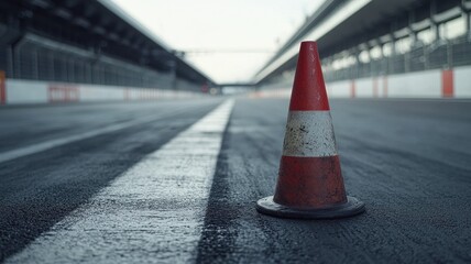 Wall Mural - empty f1 track with traffic cone in close-up view