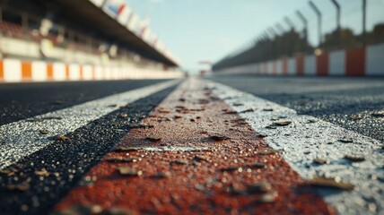 Wall Mural - an empty f1 track captured in a close-up shot, featuring detailed stripes and textures. the scene sh