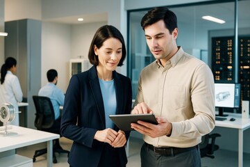Poster - Professionals discussing project on tablet in modern light-filled office environment with servers in background, representing tech industry collaboration.