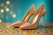 © Pixels Hunter - Elegant glittery gold high heel shoes on festive confetti with blue light background, symbolizing party lifestyle and celebration concept.