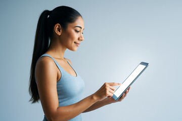 Poster - Woman using digital tablet on light background, modern technology concept with realistic style and focus on person interaction and screen glow.