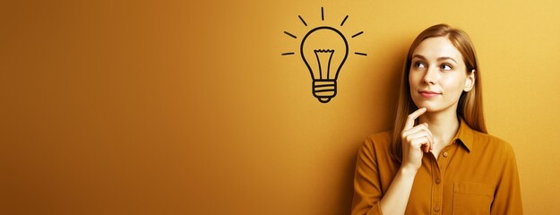 Poster - Thoughtful woman standing near light bulb sketch on yellow background with copyspace for concept of creativity, innovation or inspiration.