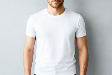 Poster - Close-up of man wearing blank white t-shirt on light background for branding or mockup use in advertising and promotional design templates.