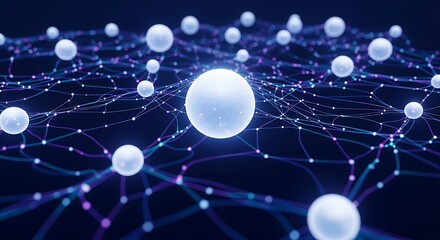 Poster - Network of interconnected spheres with glowing lines and nodes on a dark blue background design element
