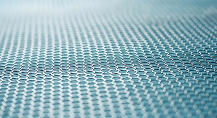 A close up view of a metal mesh with a repeating hexagonal pattern on a blurred light blue surface