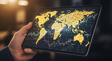 Poster - Hand holding tablet displaying golden world map with financial charts on a black background