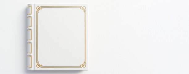 Poster - Elegant white book with gold frame on clean white background for poster or banner design with copy space on the right side.