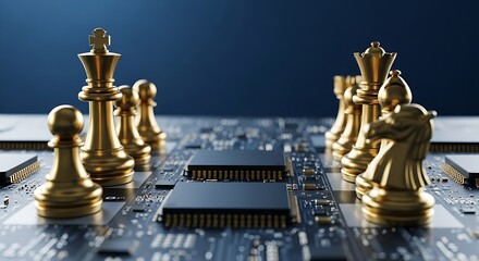 Poster - Golden chess pieces strategically positioned on a detailed computer circuit board surface in a studio shot