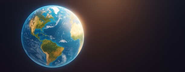 Poster - Earth from space showing detailed continents and oceans on dark background with sunlight glow on the right for science or design concept.
