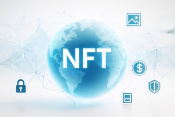 Poster - Digital NFT globe surrounded by blockchain and security icons on abstract network background with light blue technology theme. Ai generative.
