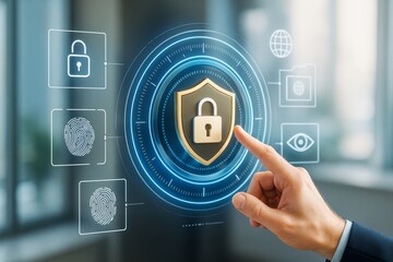 Poster - Cybersecurity interface with digital lock, fingerprint icons, and futuristic tech HUD on blurred office background, showing protection concept.