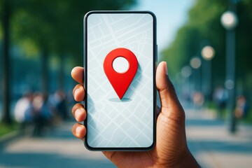 Poster - Hand holding smartphone with red location pin on digital map interface outdoors, showing concept of GPS navigation and geolocation technology.
