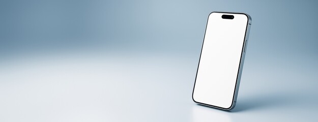 Poster - Modern smartphone with blank screen standing upright on light gradient background for tech template or advertising mockup concept.
