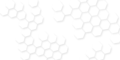 Poster - White hexagonal shapes arranged in a honeycomb structure, Abstract white hexagonal shapes on a light grey background.