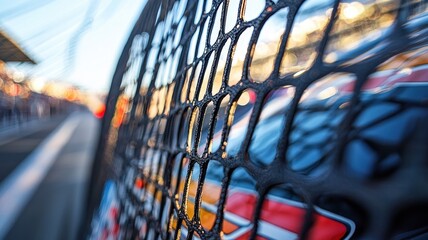 Wall Mural - this close-up shot captures the intricate details of nascar cars framed by the netting of a window, 