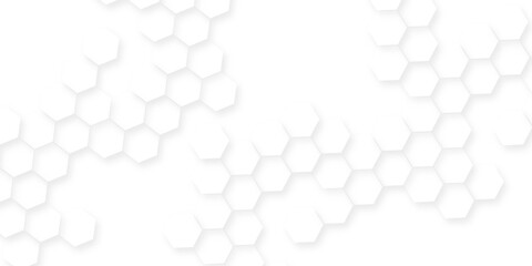 Poster - White hexagonal shapes arranged in a honeycomb structure, Abstract white hexagonal shapes on a light grey background.