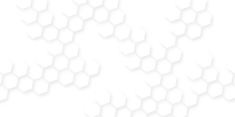Poster - White hexagonal shapes arranged in a honeycomb structure, Abstract white hexagonal shapes on a light grey background.