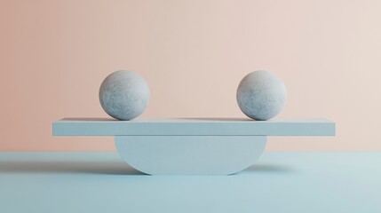 Poster - Two grey spheres balanced on a light blue seesaw against a peach and blue background.