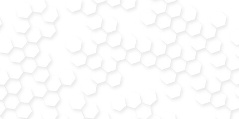 Poster - A pattern of white hexagon shapes arranged subtle shadows that create a three-dimensional, layered effect, the geometric repetition and depth of the hexagonal grid.
