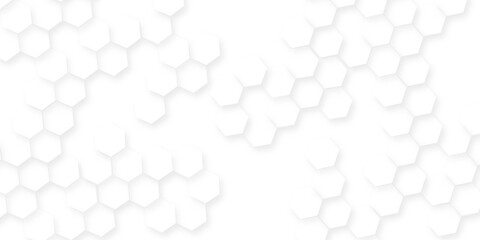 Poster - A pattern of white hexagon shapes arranged subtle shadows that create a three-dimensional, layered effect, the geometric repetition and depth of the hexagonal grid.