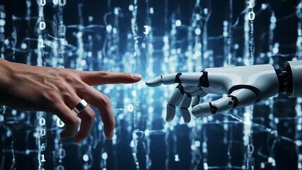 Human, robot fingers touch; binary code background; AI connection concept