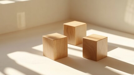 Poster - Three light wooden cubes on a white surface in sunlight.