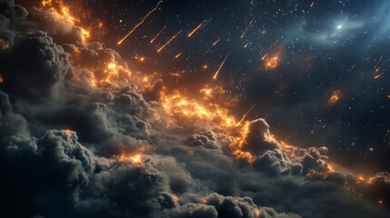 Poster - Fiery meteor shower streaks across dark, stormy cloudscape in space.