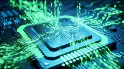 Green data flow over circuit board; tech background