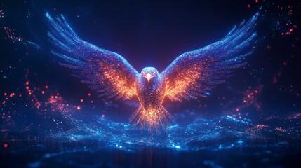 Poster - Fiery, glowing particle bird in flight, digital art.