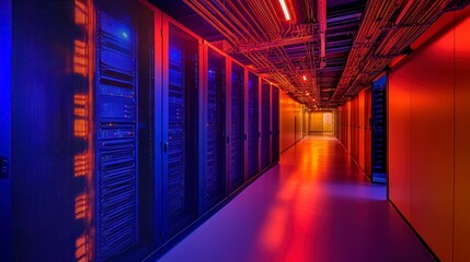 Aufkleber - Server room corridor with racks of servers lit in red and blue.