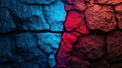 Poster - Abstract background of blue and red illuminated cracked stone wall texture.