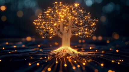 Fototapete - Glowing digital tree with roots and bokeh lights.