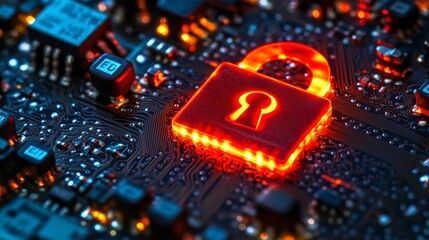 Poster - Glowing red padlock on circuit board; digital security concept.