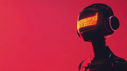 Fototapete - Futuristic robot with headphones and glowing screen on head, against red background.