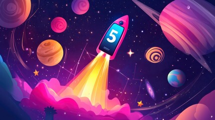 Poster - Rocket phone launching into space among planets and stars, number 5.