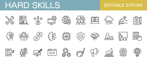 Hard skills line icon set – Includes business, technology, computing, programming and career. Editable stroke. 
Vector illustration.