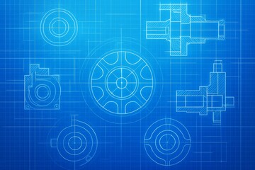 Poster - Technical blueprint graphics of mechanical parts on blue grid background with glowing light effects and abstract engineering design style.. Ai generative