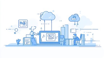 Poster - Data storage, cloud computing, and cybersecurity.  Person works on laptop, robot assists.