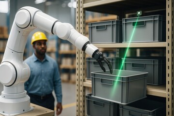 Poster - Robotic arm with laser scanner organizing plastic boxes on warehouse shelf as worker observes in industrial background with modern light setup. Ai generative